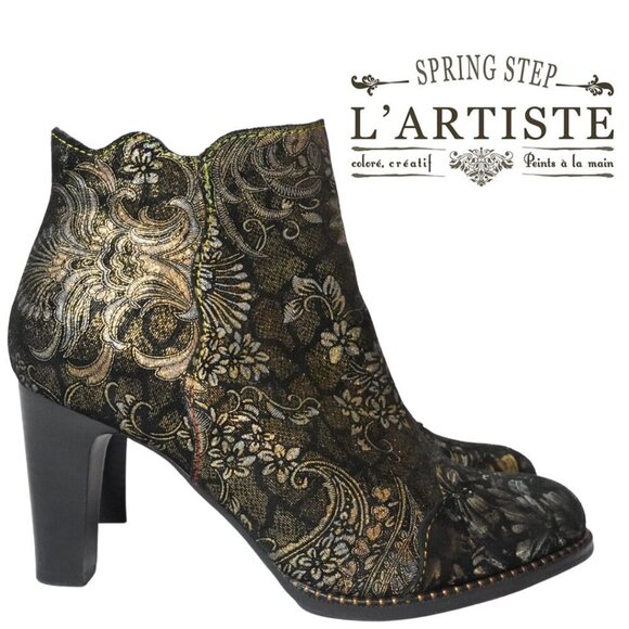 L'Artiste by Spring Step, SmokinHot Metallic Bootie Heels, Fiery, Bronze, Black - Picture 1 of 8